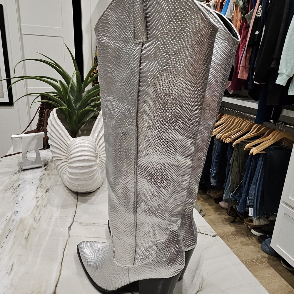 Steve Madden Austyn Silver Snake Heeled Boots - Picture 2 of 5